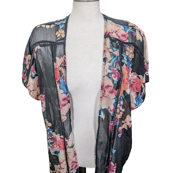 Band Of Gypsies Womens S Black Sheer Floral Kimono Duster Open Boho Whimsigoth - Picture 2 of 6